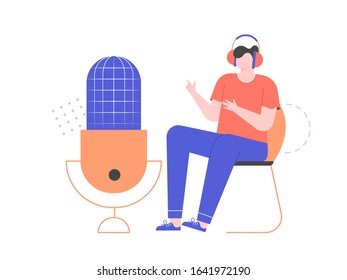 Record podcast, radio broadcast, tutorial audio. A man sits and makes a speech in a large microphone. Vector flat illustration.