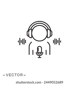 record radio podcast icon, headphones with microphone, audio conversation broadcasting, studio interview, thin line symbol isolated on white background, editable stroke eps 10 vector illustration