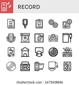 record simple icons set. Contains such icons as Music, Dental record, Microphone, Buttons, Media player, Dvd player, Video, Boombox, Hard drive, can be used for web, mobile and logo