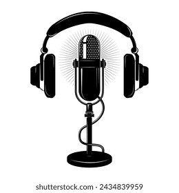 Record studio label template. Microphone and headphones in vintage style. Design elements for logo, label, badge, emblem, sign.