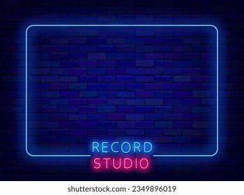 Record studio neon advertising. Music creation and talent concert. Shiny banner with blue frame. Minimal poster on brick wall. Copy space. Bright flyer. Vector stock illustration