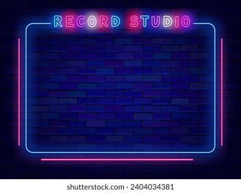 Record studio neon banner. Space for text. Audio equipment, Talk show advertising. Blue striped frame. Holiday event and concert. Glowing poster. Editing text. Vector stock illustration