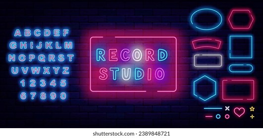 Record studio neon emblem. Music on air. Online streaming. Event design. Speech bubbles frames set. Shiny blue alphabet. Glowing banner. Editable stroke. Vector stock illustration