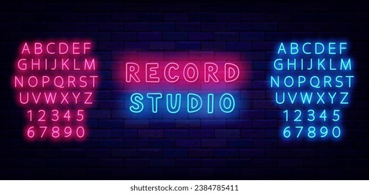 Record studio neon label. Music on air. Online streaming. Event design on brick wall. Shiny pink and blue alphabet. Glowing banner. Editable stroke. Vector stock illustration