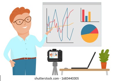 Record a video lesson on the camera. Online training for people in isolation. The speaker teaches students in distance learning. Character in a flat style.