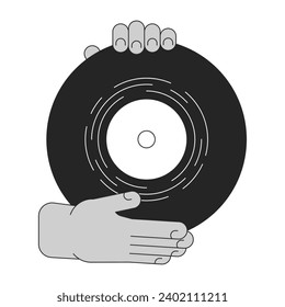 Record vinyl holding cartoon human hands outline illustration. Showing disc 2D isolated black and white vector image. Gramophone disk. Nostalgic music analog flat monochromatic drawing clip art