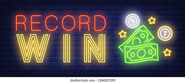 Record win neon sign. Prize money and lotto balls on brick wall background. Vector illustration in neon style for game of chance and lottery