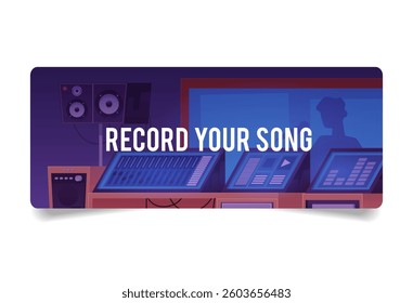 Record your song vector flat banner design. Music sound recording studio control room with professional equipment. Sound engineer or record producer workplace. Singer with microphone in live room