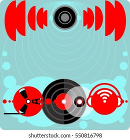 Recorded History. Audio tape reel, Vinyl LP, Compact Disc, Headphones and wireless symbol. red, black, white on blue background. Speaker with sound waves.
