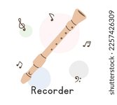 Recorder clipart cartoon style. Simple flute recorder woodwind instrument flat vector illustration. Wind instrument hand drawn doodle style. Recorder vector design