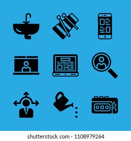 recorder, decision making, sink, watering can, laptop, video conference, xylophone, search and smartphone vector icon. Simple icons set