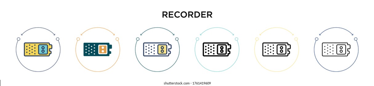 Icono de grabadora en estilo relleno, delgado, de contorno y de trazo. Ilustración vectorial de dos iconos vectoriales de grabadores de color y negro se puede utilizar para móviles, ui, web