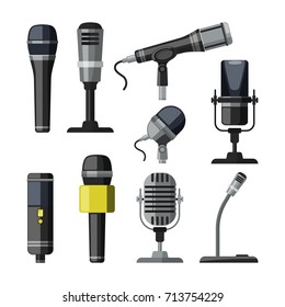 Recorder, microphone and dictaphone for reporters. Vector illustrations in cartoon style microphone equipment and dictaphone for record multimedia