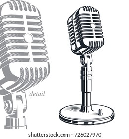 Recorder microphone vector illustration isolated on white. Entertaining and informational show studio microphones, social announcement.