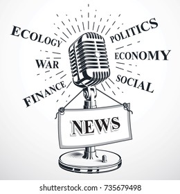 Recorder microphone vector illustration with news tag. Public relations concept, social announcement.