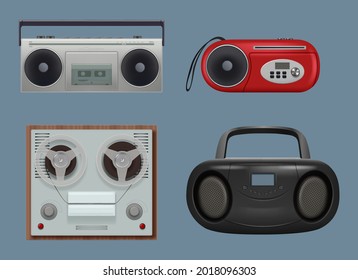 Recorders. Vintage realistic reel recorders sound machines with music tape 80s gadgets portable stereo receiver decent vector 3d illustrations