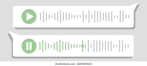 Recording of audio message template. UI element of audio record in speech bubble. Vector illustration isolated on a  white background. Voice Message UI Design with Play and Stop Preview.