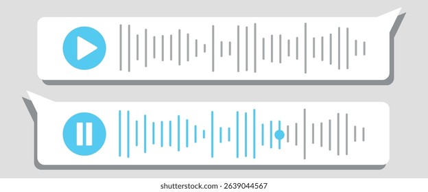 Recording of audio message template. UI element of audio record in speech bubble. Vector illustration isolated on a  white background. Voice Message UI Design with Play and Stop Preview.
