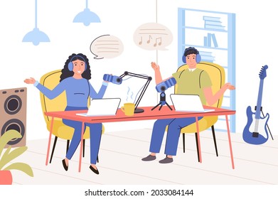 Recording audio podcast concept. Man and woman with headphones talking to microphone, recording conversation or interview, live stream or educational lecture. Vector illustration in trendy flat design