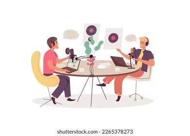 Recording audio podcast concept with people scene in the flat cartoon style. Radio host records a podcast in the studio with a famous person. Vector illustration.