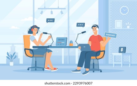 Recording audio podcast. Live streaming, broadcast, news, interview, talk show, blog. Man and woman with headphones talking to microphones. Flat cartoon vector illustration with people characters