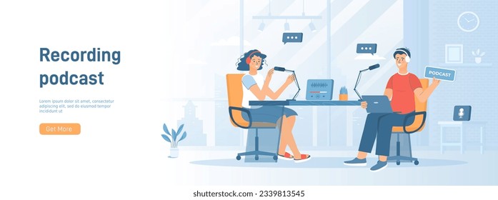 Recording audio podcast. Live streaming, broadcast, news, interview, talk show, blog. Man and woman talking.Flat concept great for social media promotional material. Website banner on white background