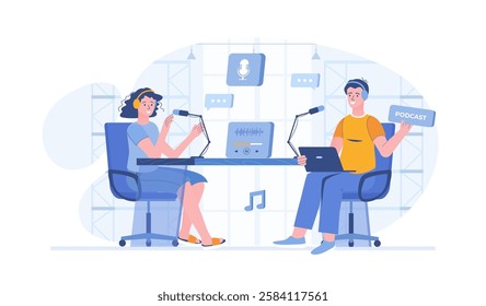 Recording audio podcast. Live streaming, broadcast, news, interview, talk show, blog. Man and woman with headphones talking to microphones.Vector illustration with characters in flat design for web