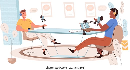 Recording audio podcast people concept in modern flat design. Men in headset talking to microphones, presenters talking live in online radio studio, person scene. Vector illustration for web banner