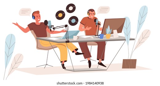 Recording audio podcast web concept in flat style. Men in headphones broadcasting and talking in studio with microphones. People character activities scenes. Vector illustration for website template