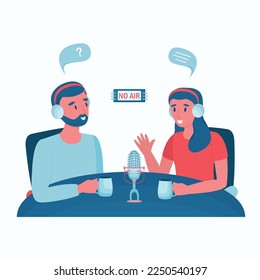 recording of the broadcast.hosts are on the air. woman and a man speak into the microphone. illustration of the podcast's theme