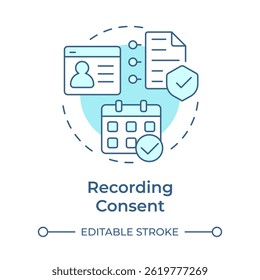 Ícone de conceito azul flexível de consentimento de gravação. Armazenando dados do usuário com segurança. Gerenciamento do ciclo de vida de bonificação. Ilustração de linha de forma redonda. Ideia abstrata. Design gráfico. Fácil de usar no artigo