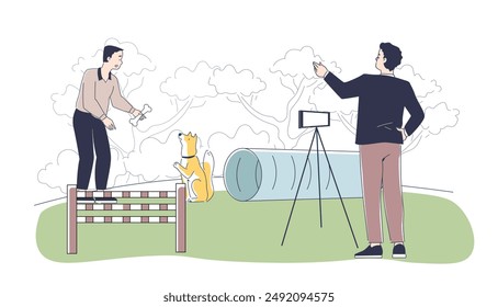 Dueño de un perro grabador. Hombre con cámara filma a sus mascotas entrenando. El cachorro atraviesa obstáculos. Torneo y competiciones para perros. Ilustración vectorial lineal aislada sobre fondo blanco