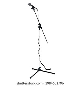 Recording equipment - drawn silhouette stage microphone, cable and stand - isolated standing on white background, realistic style, illustration