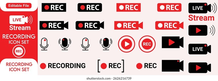 Recording icons set. Camera video recording icon. Voise, Rec symbol. Red recording icon, vector illustration