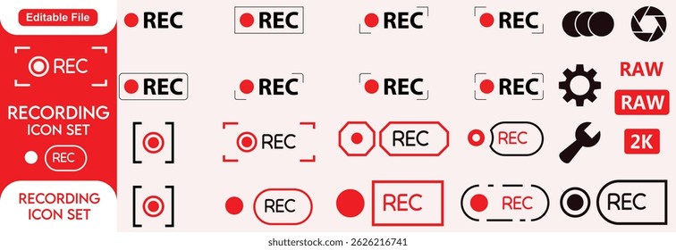 Recording icons set. Camera video recording icon. Voise, Rec symbol. Red recording icon, vector illustration
