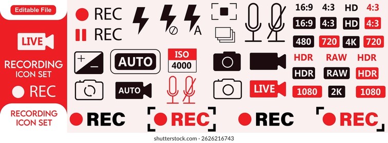 Recording icons set. Camera video recording icon. Voise, Rec symbol. Red recording icon, vector illustration