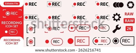 Recording icons set. Camera video recording icon. Voise, Rec symbol. Red recording icon, vector illustration