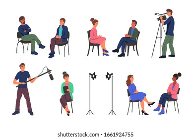 Recording a journalistic interview in the Studio. People sit on chairs, a videographer, a man holding a microphone, spotlights. Characters are isolated on a white background. Flat vector illustration.
