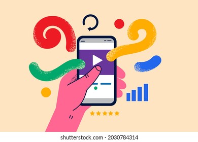 Recording and listening to audio concept. Human hand ready to touch play button for audio song or podcast record on smartphone screen vector illustration 