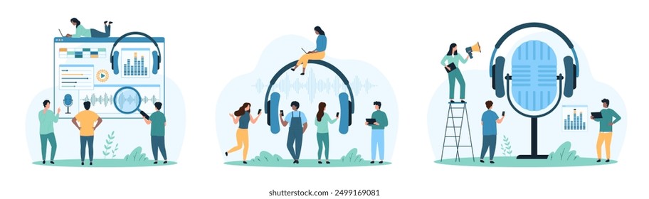 Recording and listening, editing, mixing sound in software, mobile app set. Tiny people record and listen audio files with headphones and microphone, edit with equalizer cartoon vector illustration