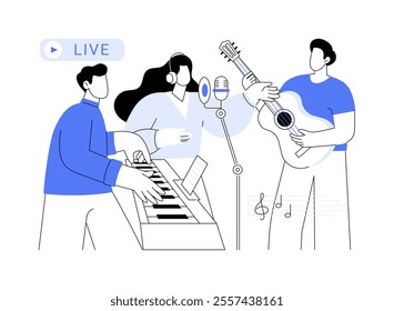 Recording live isolated cartoon vector illustrations. Group of diverse people record live in studio, entertainment business, music production, service sector, content creation vector cartoon.