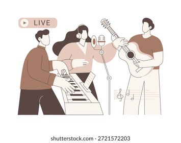 Gravação de ilustrações isoladas ao vivo do vetor de desenhos animados. Grupo de pessoas diversas gravar ao vivo em estúdio, negócios de entretenimento, produção musical, setor de serviços, criação de conteúdo de desenhos animados vetoriais.