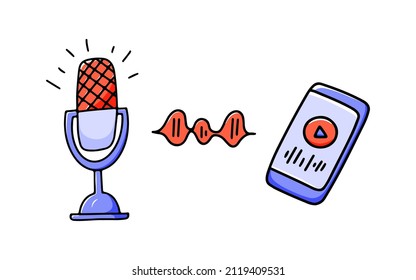 Grabación de micrófono a teléfono. Conjunto de elementos dibujados a mano para podcast. Ilustración del doodle vectorial