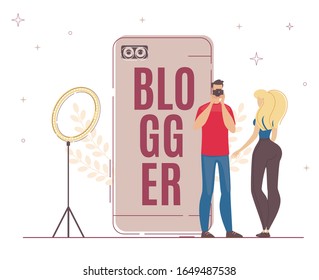 Recording new Video Blogger Important Process. Man with Video Camera Standing by Large Smartphone, Woman Blogger in Front him. Light Ring Gives Good Light for Beautiful Footage, Vector Banner.