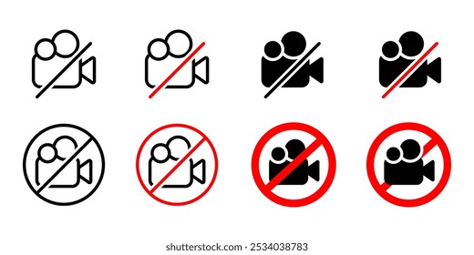 Recording not allowed symbol set. Camera ban sign. No video warning icon. Prohibition sticker for area places.