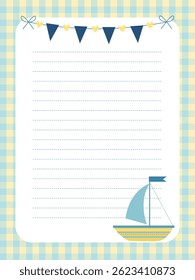 Recording page template with garland with flags and small boat