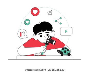 Grabación de una pequeña tortuga mascota, vlog Ilustración vectorial de dibujos animados.