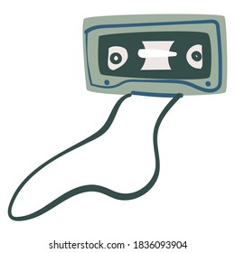 Recording and playing music, old school cassette with magnetic tape, technology of 90s or 80s. Vintage media, outdated musicassette with songs and music of eighties disco, vector in flat style
