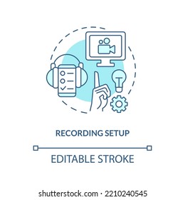 Recording setup turquoise concept icon. Document research. Video and audio filming abstract idea thin line illustration. Isolated outline drawing. Editable stroke. Arial, Myriad Pro-Bold fonts used
