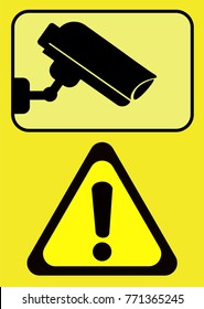 Recording sign vector with surveillance camera and warning indicator icon. Technology for security and control.